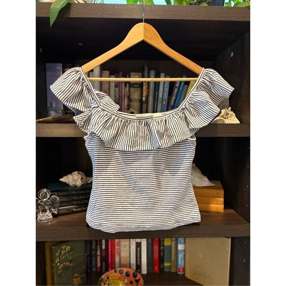 Maeve x Anthropologie Black & White Stripe Ruffle Neckline Blouse Size Small - Picture 1 of 5